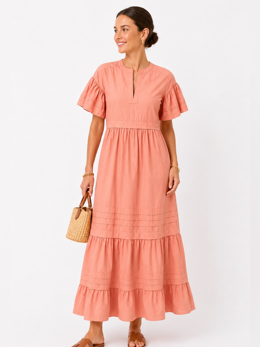 Tuckernuck Coral-Peach Tiered Midi Dress